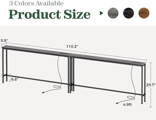 SUPERJARE 110.2 inch Narrow Behind Couch Table with Charging Stations