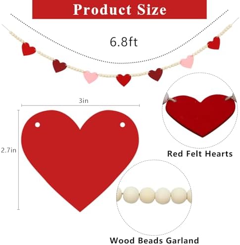 DAZONGE Valentines Day Decorations, Wood Bead Garland with Felt Hearts for Valentine Decor, Red and Pink Farmhouse Valentine’s Day Banner for Wedding, Anniversary Decorations