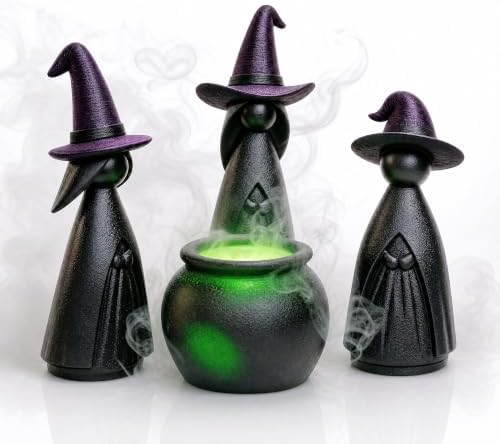 NEROSUN 4 PCS Halloween Witches Cauldron Figurine, Resin Miniature Scary Witches Tabletop Ornaments, Lighted Cauldron Ornaments for Indoor Outdoor Fireplace Shelf Home Halloween Party Decor Supplies