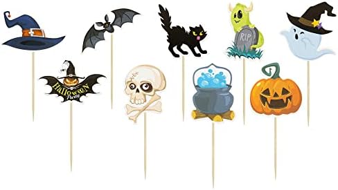 Gyufise 36Pcs Halloween Cupcake Toppers Halloween Pumpkin Cat Bat Ghost Cake Decorations for Theme Babyshower Kids Birthday Party Supplies