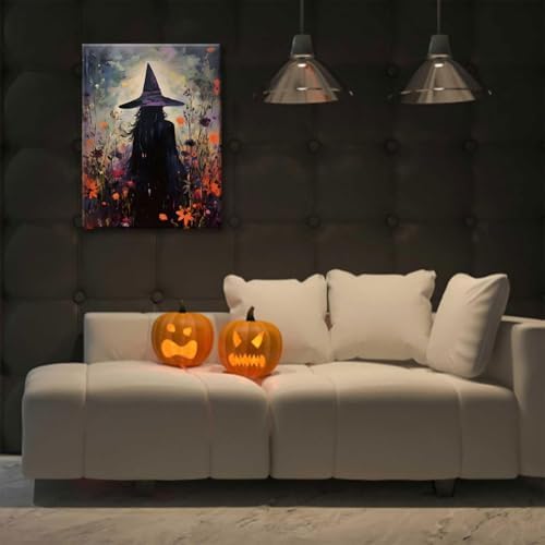 ILLBDR Halloween Witch with Flowers Canvas Wall Art 12x16 inch