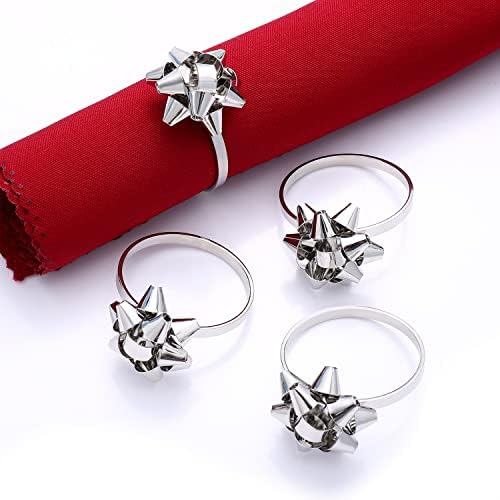 12PCS Christmas Napkin Rings Set for Table Settings, Festive Gift Bow Napkin Holder Rings for Christmas Thanksgiving New Year Party Dinner Table Decoration (12PCS Silver)