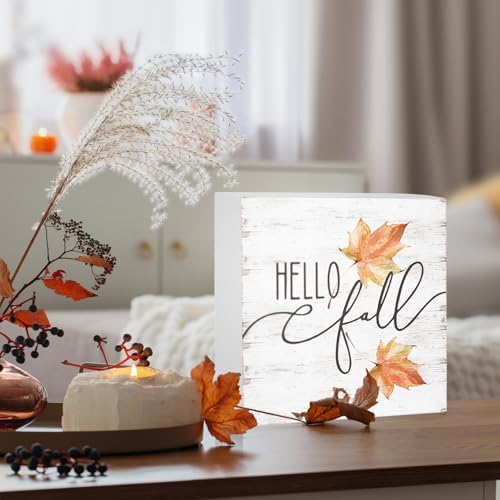 Hello Fall Wood Box Sign, Maple Leaves Desk Shelf Decor, Autumn Decor, Farmhouse Fall Wooden Box Block Sign