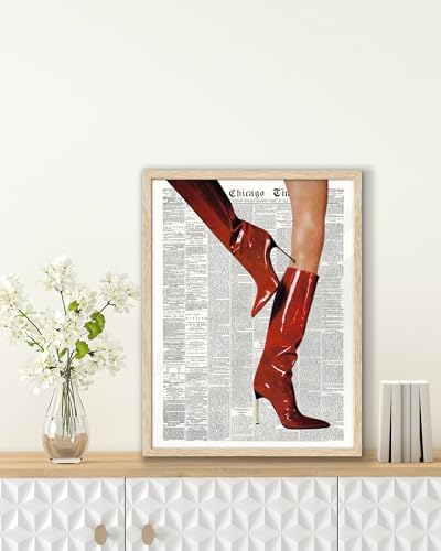 EcoHest 12x16 in Red Boots Newspaper Canvas Art