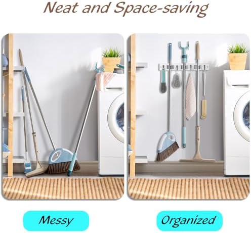 OUTNILI 2 Pack White Mop Broom Holder Wall Mount with 3 Slots & 4 Hooks - Rustic Wood Broom Mop Hanger for Pantry