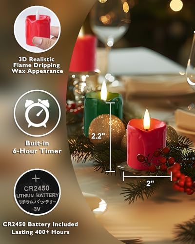 Homemory 2"x 2" Red & Green 6 Hour Timer Flameless Votive Candles, 6 Pack