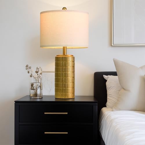 PoKat 23" Brass Gold Ceramic Table Lamps for Living Room, Retro Warm Gold Lamps for Night Stands, Vintage Bronze