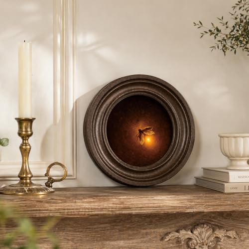 MOCHPEN Glowing firefly Round Wall Art Decor, Dark Academia Hanging Painting Artwork, Antique style Insect Decoration for Nursery Library Bedroom Living Room Reading Nook Gallery, 5.7x5.7 Inch