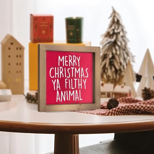 Merry Christmas Ya Filthy Animal Sign, Wooden Funny Xmas Decorative Signage Decor, Holiday Indoor Table Shelf Desk Bathroom Mantel Tiered Tray Wall Art Rustic Farmhouse Decorations for Home