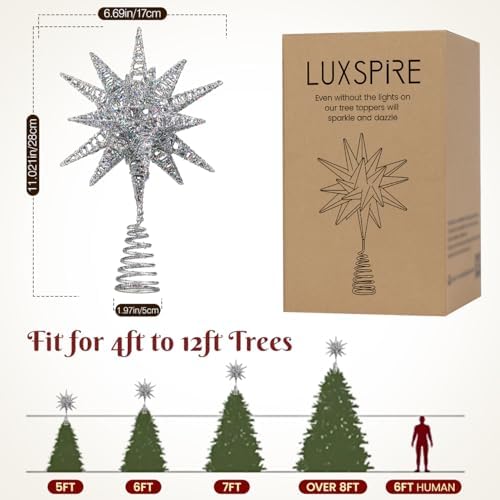 Luxspire Christmas Tree Topper, 11" Lighted 3D Starburst Tree Star, Silver