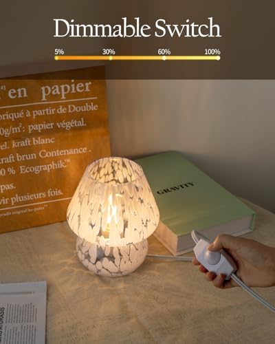 ONEWISH Mushroom Lamp Small Bedside Table Lamp-Nightstand Nightlight Dimmable Stepless, Translucent Glass Desk Lamp for