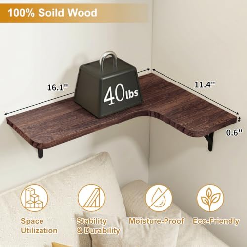 Fixwal Conner Shelves Wall Mounted for Decor, Walnut Brown Set of 5