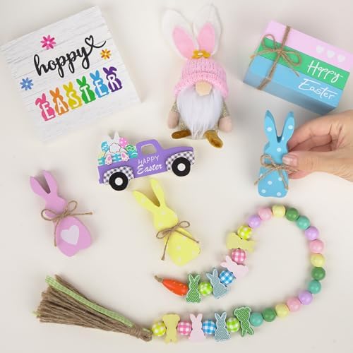 8PCS Easter Tiered Tray Decor, Spring Home Decor Set for Table,Wood with Bunny, Gnome, Truck, Happy Easter Sign & Accessories, Farmhouse Fireplace Mantle Decor, Home Kitchen Decorations Easter Gift Idea