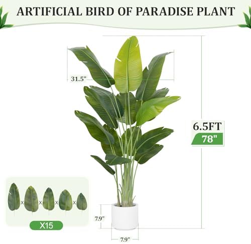 Artificial Bird of Paradise Plant 6.5Ft Tall Fake Tropical Palm Tree Large Fake Plants with 15 Silk Banana Leaves Faux