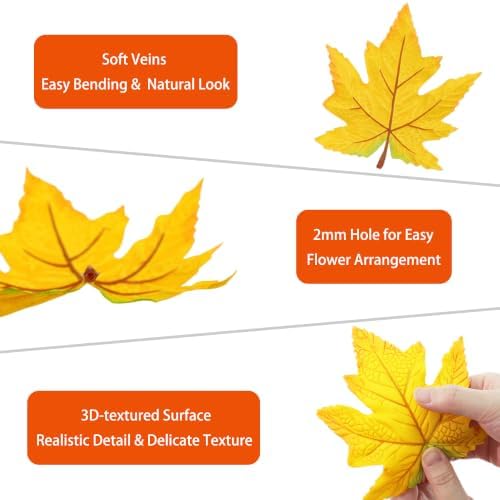 100 Pcs Artificial Maple Leaves Bulk (Large-Leaf Yellow)