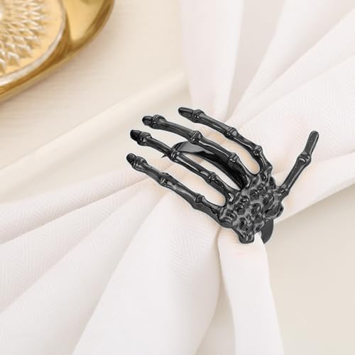 Halloween Napkin Rings Set of 6, Black Skeleton Hand Napkin Rings for Table Decoration, Halloween Party Dinner Table Decor