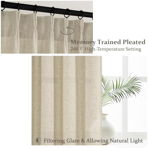 Extra Wide Linen Sheer Curtains 90 Inches Long 2 Panels Set for Bedroom, Boho Memory Trained Pinch Pleated Light