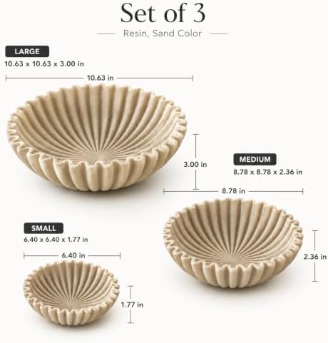YMXYJM Decorative Bowl Set of 3, Fluted Resin Bowls for Home Decor, Beige