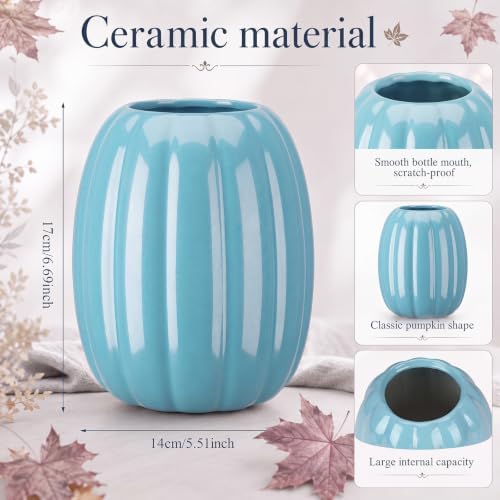 Beeveer 6.7 Inch Ceramic Pumpkin Vase, Large Blue Pumpkin Utensil Holder
