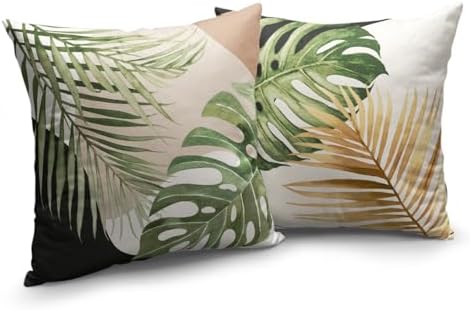 Summer Tropical Palm Leaf Pillow Cases 16x16 Set of 2 Green Banana Leaves Monstera Botanical Pillowcase Modern Geometric Plant Outdoor Decorative Throw Cushion Cases for Bedroom Living Room