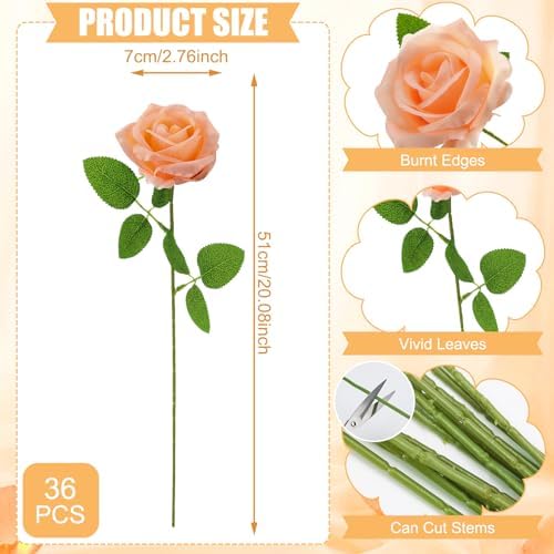 36 Pcs Peach Pink Artificial Roses with Long Stems