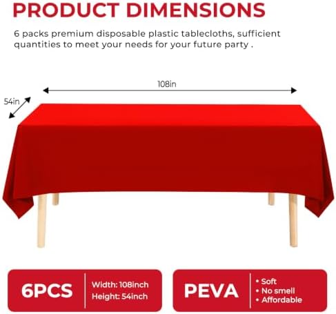 6 Pack Premium Disposable Plastic Tablecloth 54" x 108" Party Table Cloths Disposable for 6 to 8 Foot Tables Indoor or Outdoor Parties Birthdays Weddings Christmas Anniversary Buffet Table (Red)