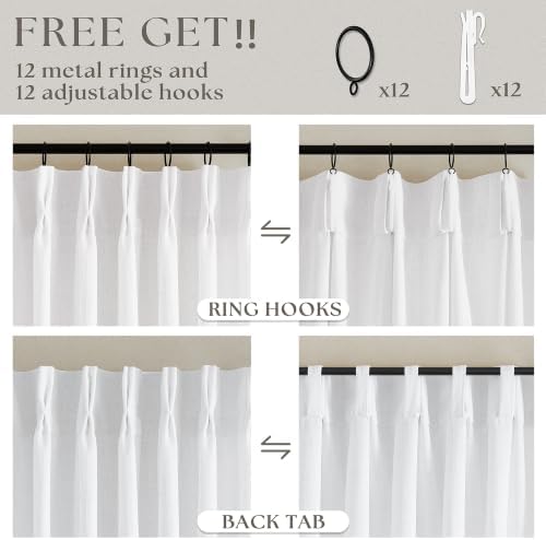 TWODRAPES 60 Inch Width Curtains 92 Inch White Linen Curtains Pinch Pleated