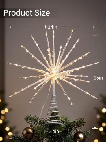 BrizLabs Silver Christmas Tree Topper Star, 14 in 8 Modes Lighted Starburst