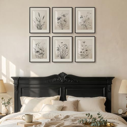 Mat for Farmhouse / 11" W x 14" H x / Black Floral - Black Framed / Set of 6