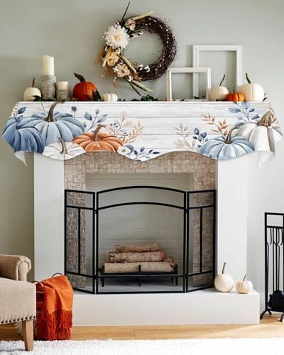Fall Mantel Scarf for Fireplace, Blue Leaf Pumpkin Wood Grain Texture Fireplace Cover Decorations Indoor Thanksgiving Mantel Top Scarf Runner for Seasonal Autumn Holiday Party, 17 x 90 Inch