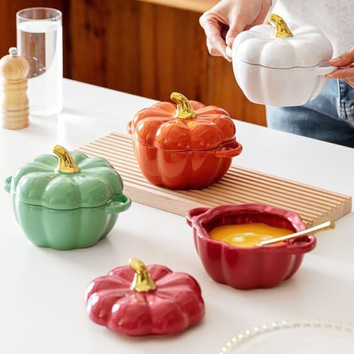 Pumpkin Bowl Set with Lid and Handle, Set of 2 Ceramic Ramekins for Baking, Casserole Dish Individual Severing Pot, Stoneware, Oven Safe, 14 Oz (Red and Green)