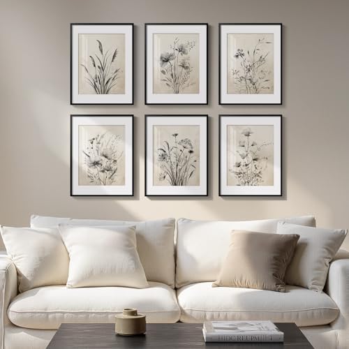 Mat for Farmhouse / 11" W x 14" H x / Black Floral - Black Framed / Set of 6