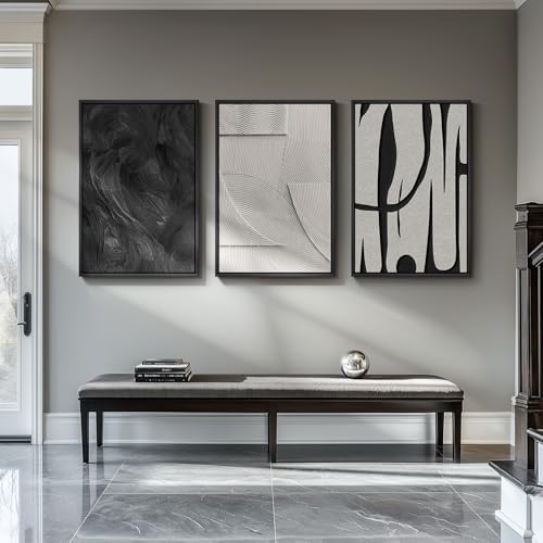 3D Large Framed Black and White Abstract Wall Art for Living Room, 3 Piece