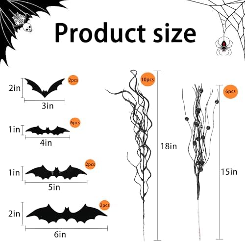 16 Pcs Artificial Halloween Branches Picks, Fake Black Bat Branches Picks
