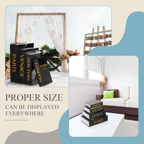 Sabary Set of 4 Decorative Books Boxes Faux Books Stacked for Modern Home Coffee Tables Bookshelves DIY Crafts Decor, Black and Gold