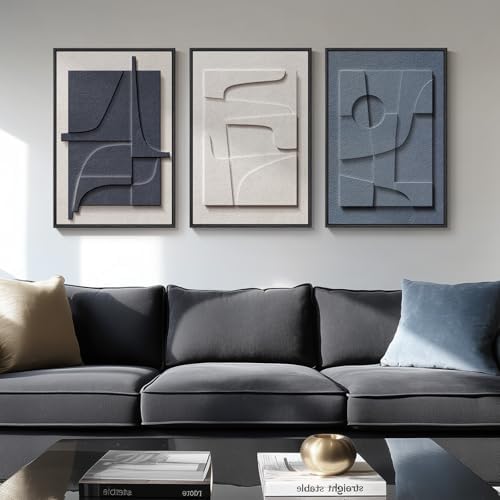 3D Textured Framed Blue and White Abstract Wall Art Set, 3 Piece, 16x24 In