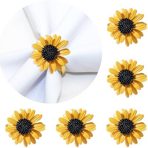 Napkin Rings Set of 6 Sunflower Metal Napkin Rings Holder Fall Napkin Rings for Dinner Wedding Holiday Christmas Thanksgiving,Party Banquet Buffet Table Setting (Sunflower)
