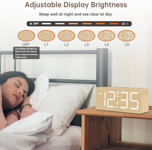 DreamSky Wooden Digital Alarm Clock for Bedroom with Large Numbers