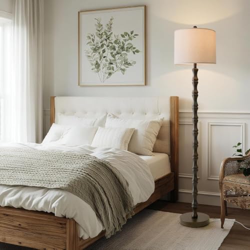 BOBOMOMO 62" Rustic Farmhouse Floor Lamp Dark Brown with Remote & Dimmable 9W Bulb, 3 Color Temperatures Resin Standing