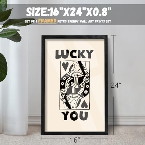 Heiple Framed Set of 3 Poker Wall Art Lucky You Poster, Trendy Retro Wall Art for Queen of Hearts Wall Art Rustic