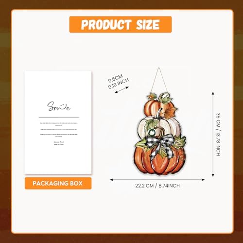 Smile Fall Wooden Door Hanger Stacked Pumpkins and Plaid Bow
