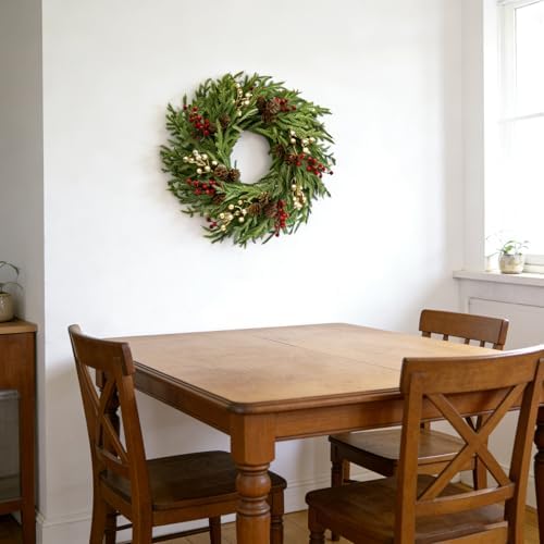 26" Norfolk Pine Wreath, Large Greenery Wreath for Front Door, Green Year Round Real Touch Artificial Greenery Wreath for Wall Porch Rustic Farmhouse Home Decor, with Lights, Red Bow, FF10