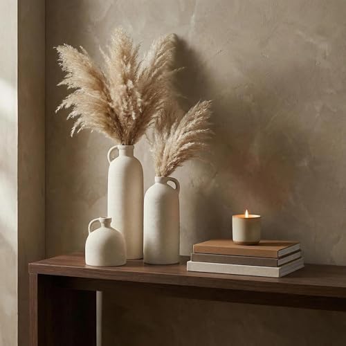 Flower Vase Set of 3, Ceramic Home Decor for Living Room - Modern Rustic Farmhouse Centerpiece for Table, Shelf &
