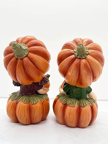 KiaoTime Fall Thanksgiving Scarecrow Pumpkin Shelf Sitters with Dangling Legs Decoration, Set of 2 Fruit Harvest Sculpture for Window Sill Kitchen Tabletop Autumn Home Decoration