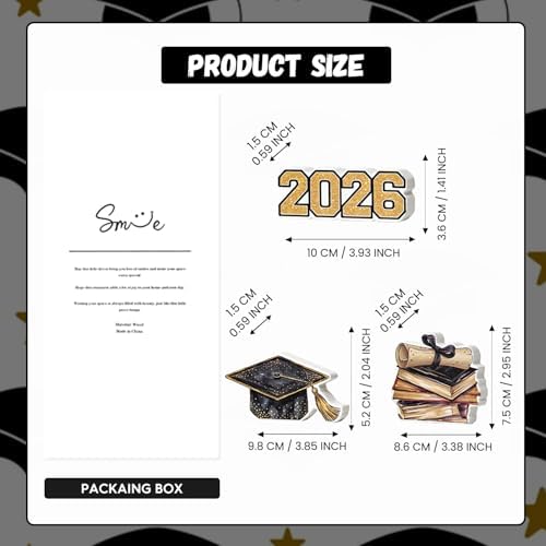 Smile 2026 Graduation Wooden Standing Decor Set, 3-Piece Grad Cap & Diploma Book Stack Tiered Tray Tabletop Signs for Graduation Party Decorations