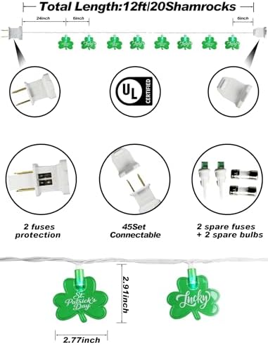 12FT St Patricks Day String Lights - 20 LED Shamrock Lights