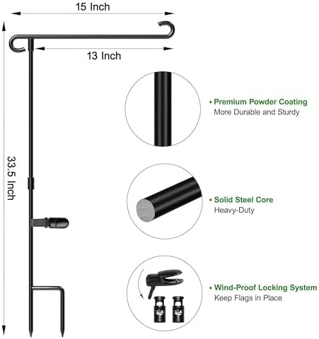 HOOSUN Garden Flag Stand Holder Pole Easy to Install Strong Sturdy Wrought Iron Fits 12.5" x 18" Mini Flag with 1 Tiger Clip Curved Hook with S Type 2 Pack