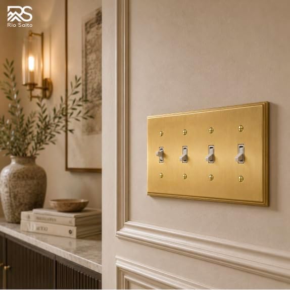 Rio Salto BRASS 4 Light Switch Cover Gold Quad Toggle Flip Switch Plate Brushed Brass Gold Metal Outlet Covers 2 Pack