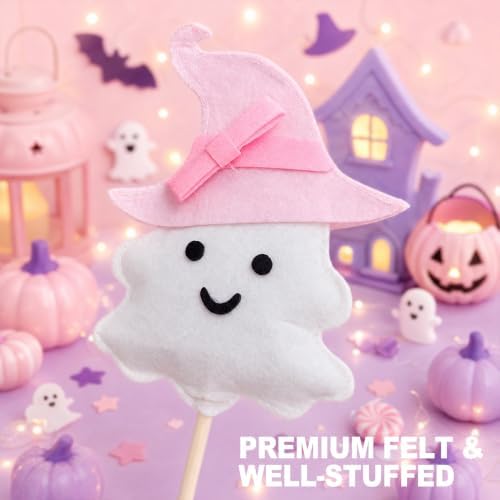 SUNBEAUTY Pink Halloween Decor Pink Felt Ghost Halloween Table Decorations, 5Pcs Cute Ghost Witch Hat Bat Wings, Boo, Pumpkin Centerpieces for Home Mantel Tabletop Desk Office Tray Decor