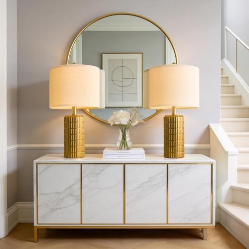 PoKat 20.75" Brass Gold Ceramic Table Lamps Set of 2 for Living Room, Small Retro Bedside Lamps for Bedroom, Nightstand